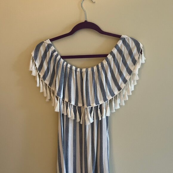Dusty Blue and White Tassel Trim Stripe Top (Sz M) - Picture 4 of 4